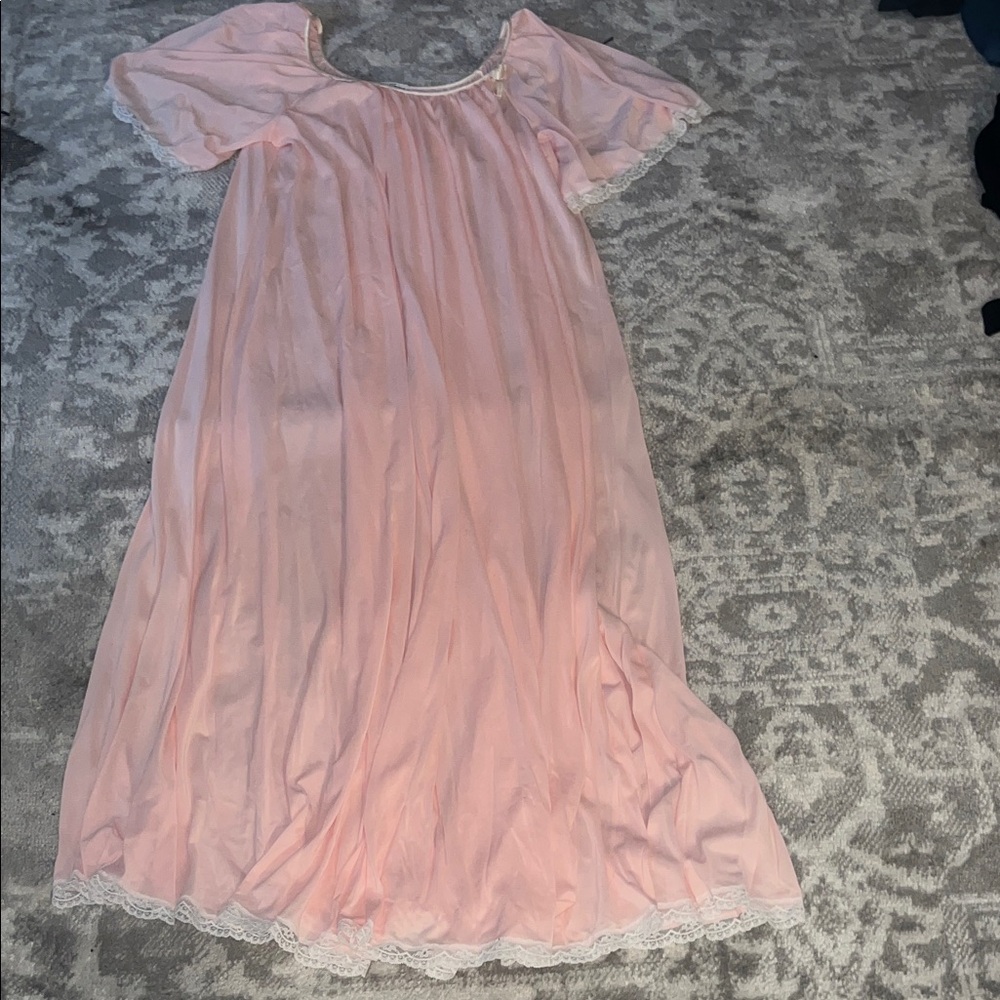 Miss Elaine Pink Sheer Nylon Nightgown with Lace Trim